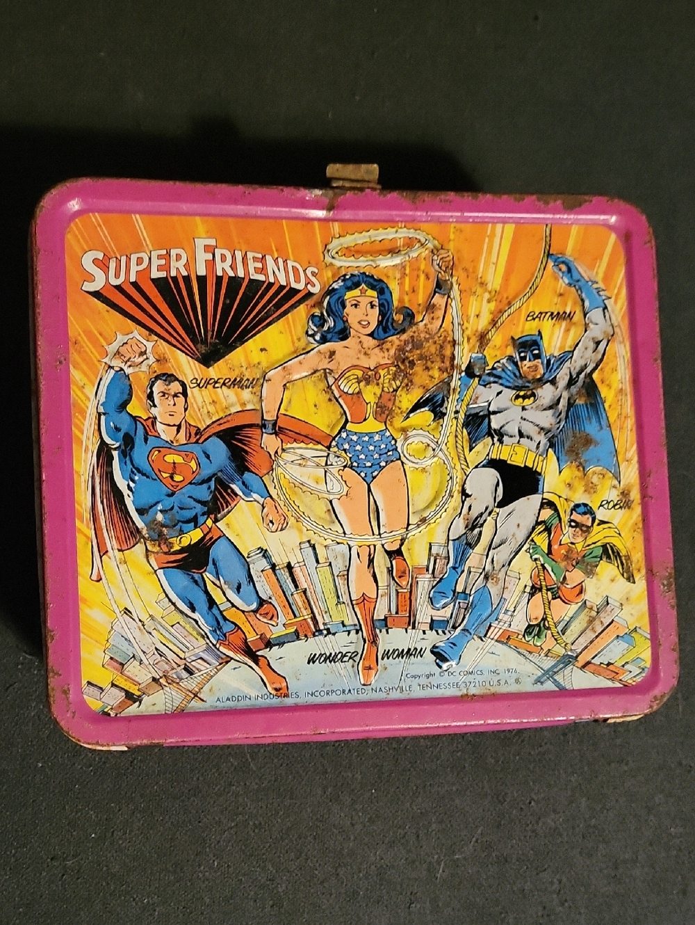 Vintage Super Friends Pink Metal Lunchbox